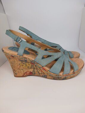 b.o.c. Leather Slingback Blue Floral Cork Wedge Sandals Women's Size 8